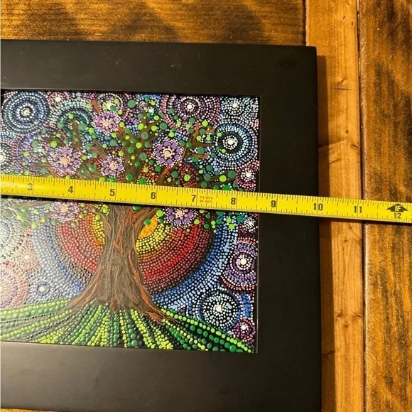 Beautiful hand painted in dot mandala style Tree. Black frame 9”x10”